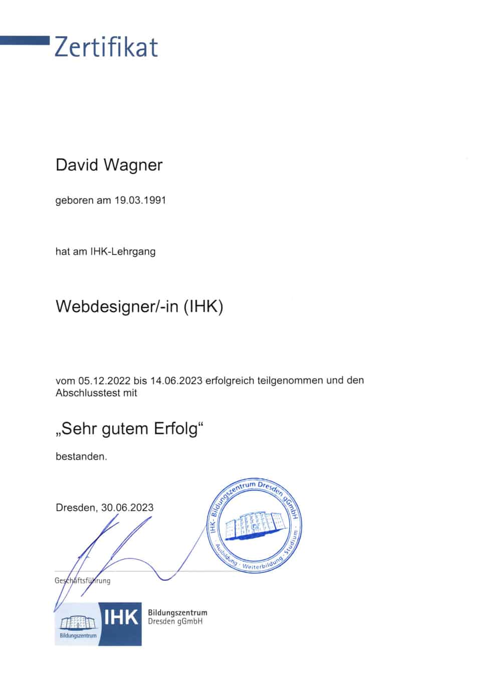 David Wagner - Webdesigner - IHK Zertifikat